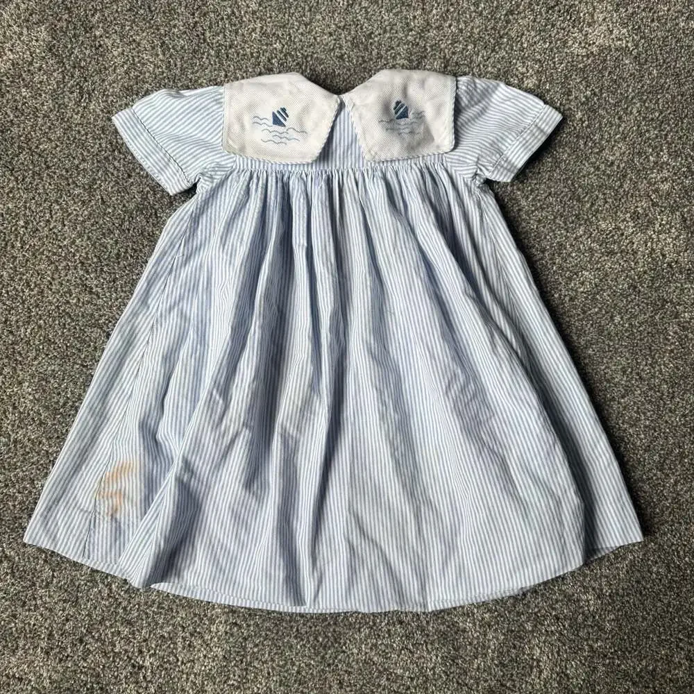 Vintage Sophie Tess Sailboat Seersucker Peter Pan Dress Girls 3T 4T
